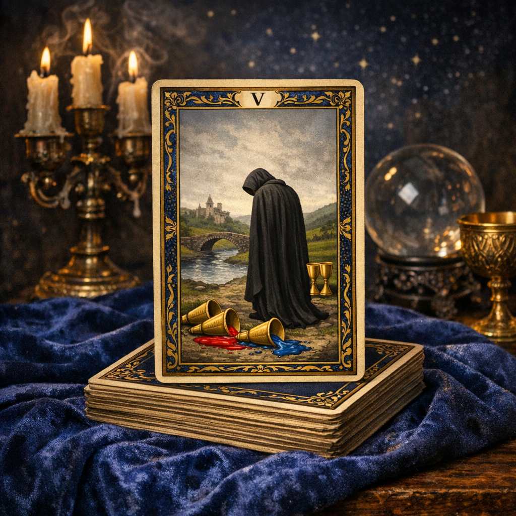 Carte de tarot divinatoire posée sur un jeu de cartes avec des bougies allumées et une boule de cristal lors d'une séance de voyance.