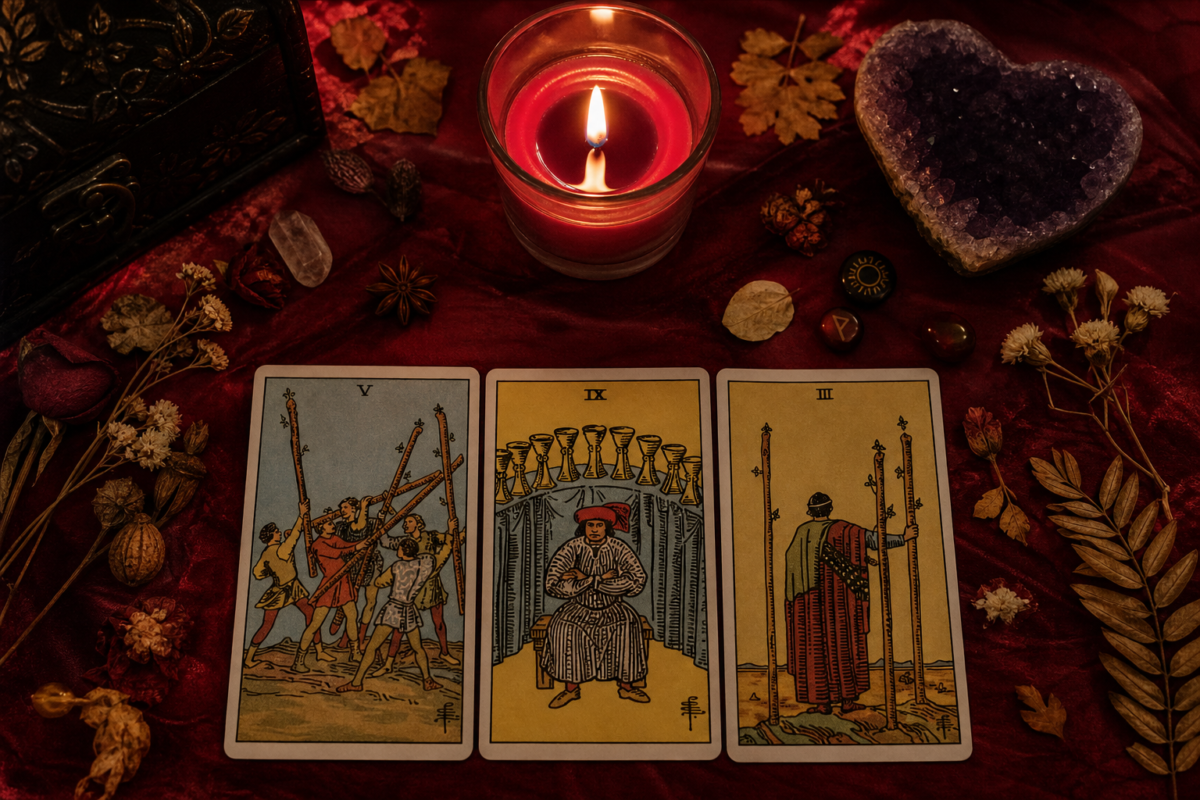 Tirage de tarot divinatoire avec trois cartes, bougie rouge et cristaux pour une consultation de voyance