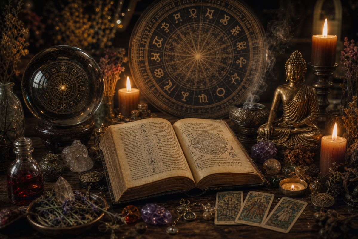 Consultation de voyance avec boule de cristal, tarot et astrologie